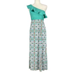 Tracy Negoshian Womens Kyle One Shoulder Ruffle Maxi Dress Cobblestone Green XS
